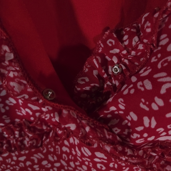Mopogoss Chiffon Ruffle Dress Size Large Red and White Leopard Print Long Sleeve - Picture 5 of 13